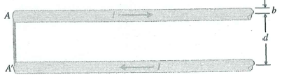 The bar AA in Fig. 5-31 serves as a conducting path (such as the blade of a circuit breaker) for the current I in two very long parallel lines. The lines have a radius b and are spaced at a distance d apart. Find the direction and the magnitude of the magnetic force on the bar. Fig Force on conducting bar (Problem P5-20)