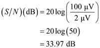 (a) The expression for the signal-to-noise ratio at the input of the amplifier is,    Substitute     for     , and     for     .    Therefore, the signal-to-noise ratio value is     (b) The noise figure of the amplifier calculation:    …… (1) Here,    is the signal-to-noise ratio at input of the amplifier,    is the signal-to-noise ratio at output of the amplifier,    is the noise figure of the amplifier. Substitute     for     , and     for     in equation (1).    Therefore, the noise figure value is    