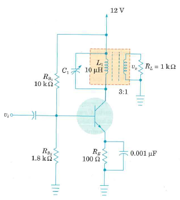 The narrowband RF amplifier in Figure 2.44 has an input signal with a frequency of 12 MHz. Calculate: (a) the value to which C 1 should be adjusted for best performance at the signal frequency.     Figure 2.44      (b) the bandwidth of the circuit, assuming the tuned circuit has a loaded Q of 20.