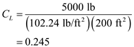 Total drag of an airplane is defined as the summation of zero lift drag and the drag due to lift. The corresponding drag coefficients are and respectively. Write the expression for the total drag is, ...... (1) Here, is the dynamic pressure, is the area of the wing, is the coefficient of zero lift drag and is the coefficient of drag due to lift. Since the airplane is flying at the maximum condition. Thus, the minimum thrust required is expressed by following equation. Hence, the expression for the total drag is, …… (2) Write the expression for the dynamic pressure as follows; …… (3) Here, is the air density at the level and is the velocity of the airplane. Write the expression for the coefficient of drag due to lift as follows; …… (4) Here, is the lift polar coefficient of the airplane, is the Oswald efficiency factor and is the aspect ratio of the airplane. Write the expression for the lift polar coefficient of the airplane as follows; …… (5) Here, is the wing area, is the dynamic pressure and is the weight of the plane. Calculate the value of dynamic pressure. Substitute for , for in equation (3). Calculate the lift polar coefficient. Substitute for , for and for in the equation (5). Again, calculate the coefficient of drag due to lift. Substitute for , for , for in the equation (4). Now calculate the total drag. Substitute for , for and for in the equation (2). Hence, the required total drag on the plane is .