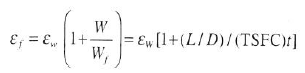 The thrust-specific fuel consumption, TSFC, for a jet engine is defined in Sec. 6.13. Engine manufacturers are constantly trying to reduce TSFC in order to reduce the weight of fuel consumed for a given flight of given time duration. By reducing the fuel weight, the payload weight can be correspondingly increased. However, design changes that result in reductions in TSFC also frequently result in slight increases in the engine weight itself, which will then reduce the payload weight. The break even point is where the decrease in fuel weight is exactly cancelled out by the increase in engine weight, giving no increase in the payload weight. Designating the new reduced thrust-specific fuel consumption by (TSFC) new = (TSFC) (1 ? ? f ) and the new weight of the airplane increased by the increase in engine weight by W new ? W (1 + ? W ), where ? f and ? W are small fractional values, prove that the break even point for changes in engine weight and TSFC are given by where W and W f are the average weight of the airplane during, cruise and the weight of fuel used during cruise, respectively, both before any design perturbation in engine weight or TSFC, and t is the total cruising time of flight.
