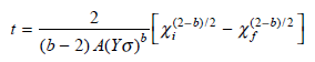 Static fatigue in a glass fiber refers to the condition where a fiber is stressed to a level  (a). Using this equation, show that the time required for a crack of initial depth X i to grow to its failure size X f is given by    (b) For long, static fatigue times (on the order of 20 years),   for large values of b. Show that under this condition the failure time is  