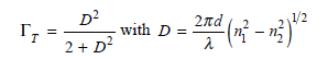 Approximate expressions for the transverse and lateral optical-field confinement factors T and L , respectively, in a Fabry-Perot lasing cavity are    And    Where    Here w and d are the width and thickness, respectively, of the active layer, and n 1 and n 2 are the refractive indices inside and outside the cavity, respectively. ( a ) Consider a 1300-nm InGaAsP laser diode in which the active region is 0.1 µ m thick, 1.0 mm wide, and 250 µ m long with refractive indices n 1 = 3.55 and n 2 = 3.20. What are the transverse and lateral optical- field confinement factors ( b ) Given that the total confinement factor is = T L , what is the gain threshold if the effective absorption coefficient is = 30 cm 1 and the facet reflectivities are R 1 = R 2 = 0.31