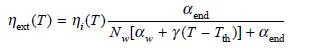 In a multiple quantum-well laser the temperature dependence of the differential or external quantum efficiency can be described by 57    where i ( T ) is the internal quantum efficiency, end is the mirror loss of the lasing cavity as given in Eq. (4.28), N w is the number of quantum wells, T th is the threshold temperature, w is the internal loss of the wells at T = T th and is a temperature-dependent internal- loss parameter. Consider a six-well, 350- µ m-long MQW laser having the following characteristics: w = 1.25 cm -1 , = 0.025 cm -1 /K, and T th = 303 K. The lasing cavity has a standard uncoated facet on the front ( R 1 = 0.31) and a high-reflection coating on the near facet ( R 2 = 0.96). ( a ) Assuming that the internal quantum efficiency is constant, use a computer to plot the external quantum efficiency as a function of temperature over the range 303 K T 375 K. Let ext ( T ) = 0.8 at T = 303 K. ( b ) Given that the optical output power at T = 303 K is 30 mW at a drive current of I d = 50 mA, plot the power output as a function of temperature over the range 303 K T 375 K at this fixed bias current.