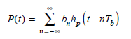The equalizer in an optical receiver normally is a linear frequency-shaping filter used to mitigate the effects of signal distortion and intersymbol interference. To account for the fact that pulses arrive rounded and distorted at the receiver, the binary digital pulse train incident on the photodetector can be described by    Here P ( t ) is the received optical power, T b is the bit period, b n represents the energy in the n th pulse ( b n = b 0 for a 0 pulse and b 1 for 1 pulse), and h p ( t ) is the received pulse shape. Show that the following pulse shapes satisfy the normalization condition    ( a ) Rectangular pulse ( = constant)    ( b ) Gaussian pulse    ( c ) Exponential pulse  