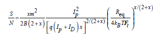 Show that, when the gain M is given by the expression in Prob. 7.13, the signalto-noise ratio given by Eq. (7.32) can be written as    ( b ) Show that, when I p is much larger than I D , the foregoing expression becomes  