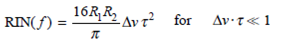 For a fiber optic link using a single-longitudinal- mode laser with a 3-dB linewidth of v and having two fiber connectors with reflectivities R 1 and R 2 , the worst-case RIN occurs when the direct and doubly reflected optical fields interfere in quadrature. 51 If is the light-travel time in the fiber, this is described by    where f is the carrier frequency. Show that this expression reduces to    and  