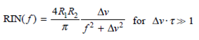 For a fiber optic link using a single-longitudinal- mode laser with a 3-dB linewidth of v and having two fiber connectors with reflectivities R 1 and R 2 , the worst-case RIN occurs when the direct and doubly reflected optical fields interfere in quadrature. 51 If is the light-travel time in the fiber, this is described by where f is the carrier frequency. Show that this expression reduces to and