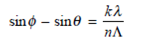 A plane reflection grating can be used as a wavelength-division multiplexer when mounted as shown in Fig. 10.42. The angular properties of this grating are given by the grating equation    where is the grating period, k is the interference order, n is the refractive index of the medium between the lens and the grating, and and are the angles of the incident and reflected beams, respectively, measured normal to the grating. ( a ) Using the grating equation, show that the angular dispersion is given by    ( b ) If the fractional beam spread S is given by    where m is the number of wavelength channels, find the upper limit on for beam spreading of less than 1 percent given that = 26 nm, = 1350 nm, and m = 3    Fig. 10.42 Wavelength multiplexing with a reflection grating