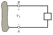 Five coulombs of charge pass through the element in Fig. P1.8 from point A to point B. If the energy absorbed by the element is 120 J, determine the voltage across the element.     Figure P1.8