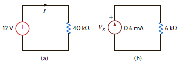 Given the circuits in Fig. E2.1, find (a) the current I and the power absorbed by the resistor in Fig. E2.1a, and (b) the voltage across the current source and the power supplied by the source in Fig. E2.1b.     Figure E2.1