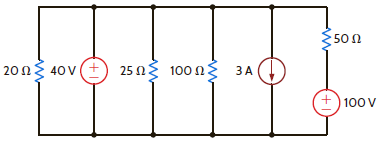 Find the power supplied by the 40-V source in the circuit in Fig. 2PFE-6. a. 120 W b. 232 W c. 212 W d. 184 W     Figure 2PFE-6