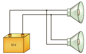 An automobile uses two halogen headlights connected as shown in Fig. P2.6. Determine the power supplied by the battery if each headlight draws 3 A of current.     Figure P2.6