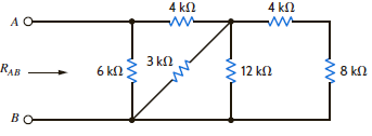 Find the equivalent resistance at the terminals A-B in the circuit in Fig. E2.15. Figure E2.15