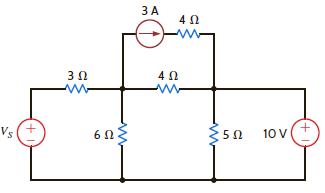 If the power supplied by the 3-A current source in Fig. E2.33 is 12 W, find V s and the power supplied by the 10-V source. Figure E2.33
