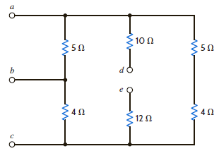 Given the resistor configuration shown in Fig. P2.68, find the equivalent resistance between the following sets of terminals: (1) a and b, (2) b and c, (3) a and c, (4) d and e , (5) a and e, (6) c and d , (7) a and d , (8) c and e , (9) b and d , and (10) b and e. Figure P2.68