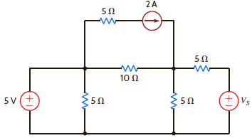 If the power supplied by the 2-A current source is 40 W, find V S and the power absorbed by the 5-V source in the network in Fig. P2.99.     Figure P2.99