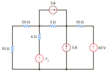 The 40-V source in the circuit in Fig. P2.100 is absorbing 80 W of power. Find V x. Figure P2.100