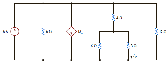 Find the value of k in the network in Fig. P2.129 such that the power supplied by the 6-A source is 108 W. Figure P2.129