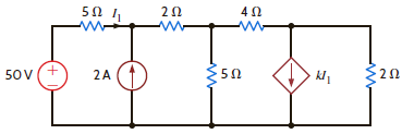 If the power supplied by the 2-A current source in Fig. P2.131 is 50 W, calculate k. Figure P2.131