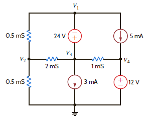 Use nodal analysis to determine the node voltages defined in the circuit in Fig. P3.23. Figure P3.23