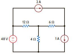 Use nodal analysis to solve for the node voltages in the circuit in Fig. P3.26. Also calculate the power supplied by the 1-A current source. Figure P3.26