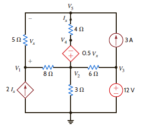 Use nodal analysis to determine the node voltages defined in the circuit in Fig. P3.63. Figure P3.63