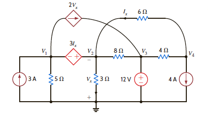 Use nodal analysis to determine the node voltages defined in the circuit in Fig. P3.64.     Figure P3.64