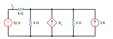 Find the power supplied by the 2-A current source in the network in Fig. P3.105 using loop analysis.     Figure P3.105