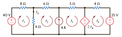 Solve for the assigned mesh currents in the network in Fig. P3.116. Figure P3.116