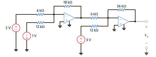 Determine the output voltage V o of the summing op-amp circuit shown in Fig. 4PFE-2. a. 6 V b. 18 V c. 9 V d. 10 V Figure 4PFE-2