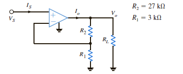 In a useful application, the amplifier drives a load. The circuit in Fig. P4.18 models this scenario. (a) Sketch the gain V o / V S for 10 R L . (b) Sketch I o for 10 R L if V S = 0.1 V. (c) Repeat (b) if V S = 1.0 V. (d) What is the minimum value of R L if | I o | must be less than 100 mA for | V S | 0.5 V (e) What is the current I S if R L is 100 Repeat for R L = 10 k . Figure P4.18