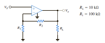 For the amplifier in Fig. P4.20, the maximum value of VS is 2 V and the op-amp can deliver no more than 100 mA. (a) If ±10 V supplies are used, what is the maximum allowable value of R 2 (b) Repeat for ±3 V supplies. (c) Discuss the impact of the supplies on the maximum allowable gain. Figure P4.20