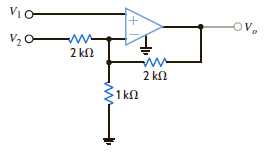 For the circuit in Fig. P4.21, (a) find V o in terms of V 1 and V 2. (b) If V 1 = 2 V and V 2 = 6 V, find V o. (c) If the op-amp supplies are ±12 V, and V 1 = 4 V, what is the allowable range of V 2      Figure P4.21