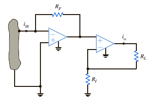 Find the input/output relationship for the current amplifier shown in Fig. P4.38. Figure P4.38