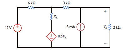 Find the value of R L in Fig. P5.125 for maximum power transfer. In addition, calculate the power dissipated in R L under these conditions. Figure P5.125