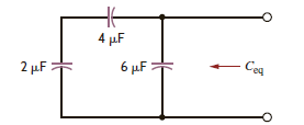 Given three capacitors with values of 2 F, 4 F, and 6 F, can the capacitors be interconnected so that the combination is an equivalent 3- F capacitor a. Yes. The capacitors should be connected as shown. b. Yes. The capacitors should be connected as shown. c. Yes. The capacitors should be connected as shown. d. No. An equivalent capacitance of 3 F is not possible with the given capacitors.