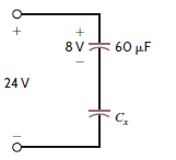 The two capacitors shown in Fig. 6PFE-3 have been connected for some time and have reached their present values. Determine the unknown capacitor C x.  a. 20 F b. 30 F c. 10 F d. 90 F     Figure 6PFE-3