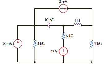 Find the energy stored in the capacitor and inductor in Fig. E6.10. Figure E6.10
