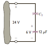 Two initially uncharged capacitors are connected as shown in Fig. E6.11. After a period of time, the voltage reaches the value shown. Determine the value of C 1.     Figure E6.11