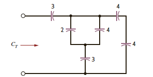 Find the total capacitance C T in the network in Fig. P6.45. All capacitors are in microfarads. Figure P6.45