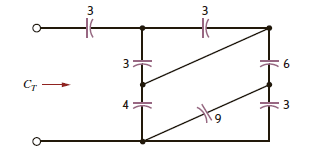 Find the total capacitance C T in the network in Fig. P6.51. All capacitors are in microfarads. Figure P6.51