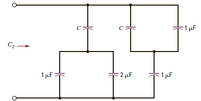 Select the value of C to produce the desired total capacitance of C T = 1 F in the circuit in Fig. P6.61.     Figure P6.61