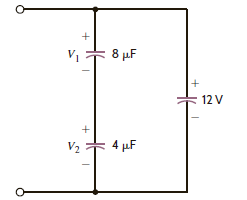 The three capacitors shown in Fig. P6.62 have been connected for some time and have reached their present values. Find V 1 and V 2.     Figure P6.62