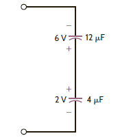 The two capacitors in Fig. P6.63 were charged and then connected as shown. Determine the equivalent capacitance, the initial voltage at the terminals, and the total energy stored in the network.     Figure P6.63