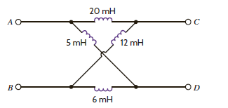 Given the network shown in Fig. P6.81, find (a) the equivalent inductance at terminals A - B with terminals C - D short circuited, and (b) the equivalent inductance at terminals C - D with terminals A - B open circuited. Figure P6.81