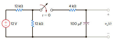 In the network in Fig. 7PFE-2, the switch closes at t = 0. Find v o ( t ) at t = 1 s. a. 5.62 V b. 1.57 V c. 4.25 V d. 3.79 V     Figure 7PFE-2