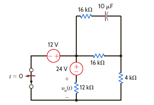 The switch in the circuit in Fig. P7.46 is opened at t = 0. Find v o ( t ) for t 0 using the step-by-step technique.     Figure P7.46