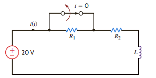 Given that i ( t ) = 2.5 + 1.5e 4 t A for t 0 in the circuit in Fig. P7.91, find R 1 , R 2 , and L.     Figure P7.91