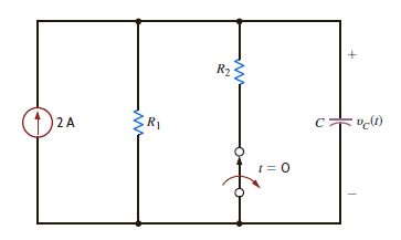 The switch in the circuit in Fig. P7.92 has been closed for a long time and is opened at t = 0. If v C ( t ) = 20 8 e 0 05 t V, find R 1 , R 2 , and C. Figure P7.92
